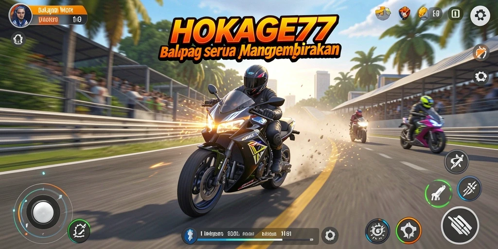 Screenshot HOKAGE77 menampilkan aksi balapan motor yang cepat dan mendebarkan.