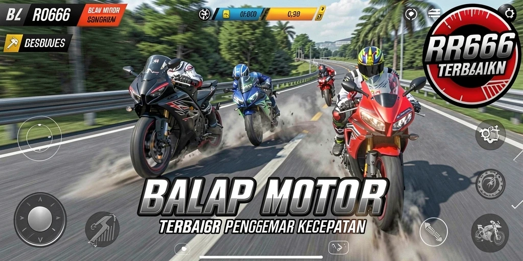 Gameplay intens dalam RR666 dengan motor balap yang cepat dan trek menantang.
