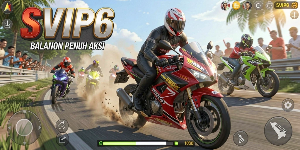 Tampilan utama gameplay SVIP6 dengan motor balap dan lintasan menantang.