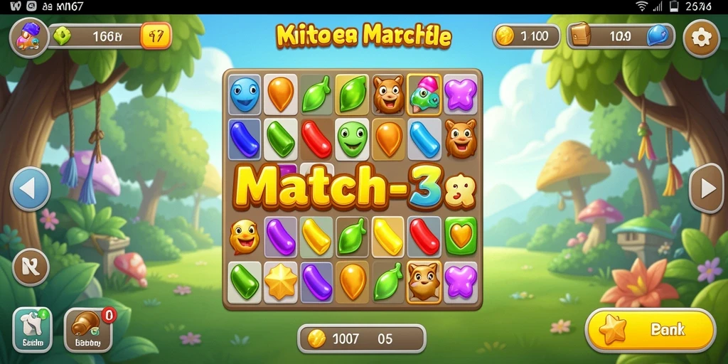 Tampilan gameplay W67 dengan elemen Match-3 yang berwarna-warni.